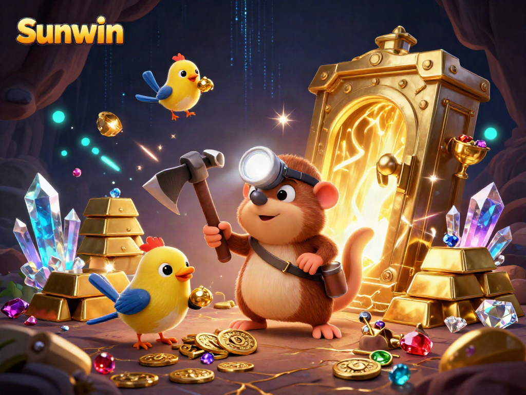Experience exciting treasures with Sunwin, a captivating 3D illustration showcasing a treasure hunter and vibrant gems.