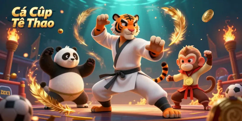 Cá Cược Thể Thao featuring a kung fu master and disciple in a dynamic sports betting scene.