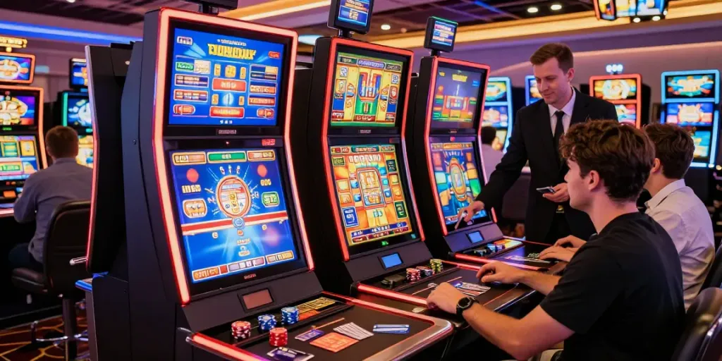Players enjoying vibrant slots that accept credit cards in a lively casino atmosphere, colorful screen displays, and friendly dealer.