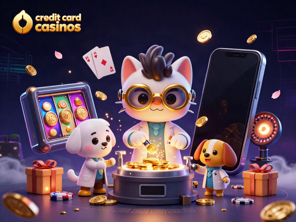 Engaging scene showcasing credit card casinos with a cartoon cat scientist and dog assistant creating a gold-replicating machine.