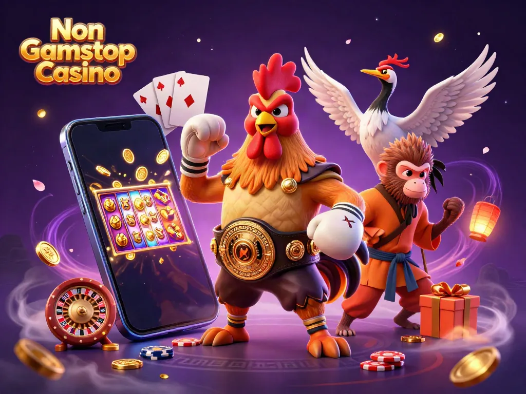 Experience the excitement of a Non Gamstop Casino with vibrant characters and dynamic gaming elements in a lively scene.