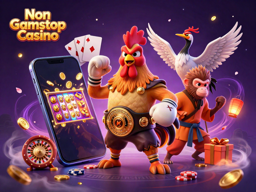 Experience the excitement of a Non Gamstop Casino with vibrant characters and dynamic gaming elements in a lively scene.