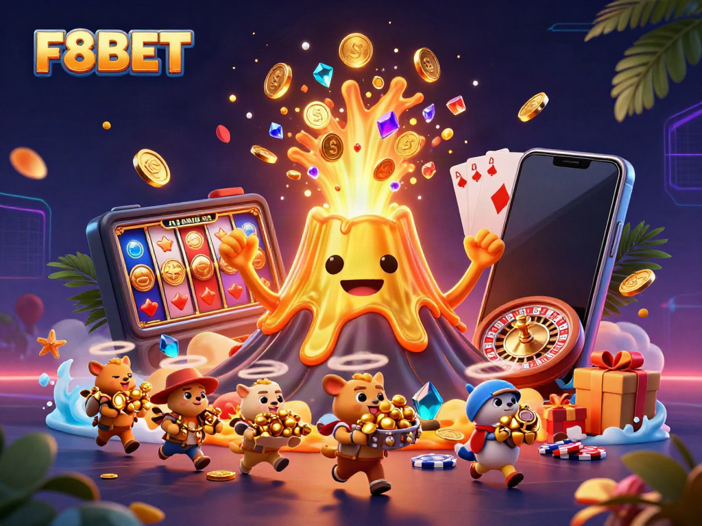 Experience the thrill of F8BET with a golden volcano erupting treasures in this dynamic casino scene.