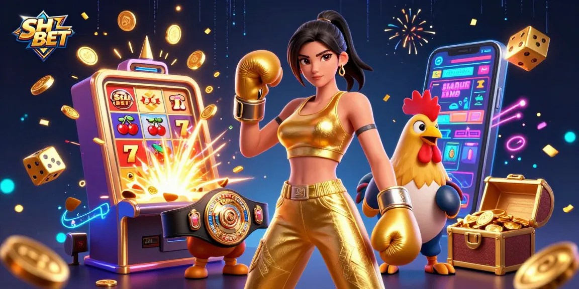 Experience thrilling moments at SH BET with a powerful woman in sports attire and a flashy rooster amidst colorful casino elements.