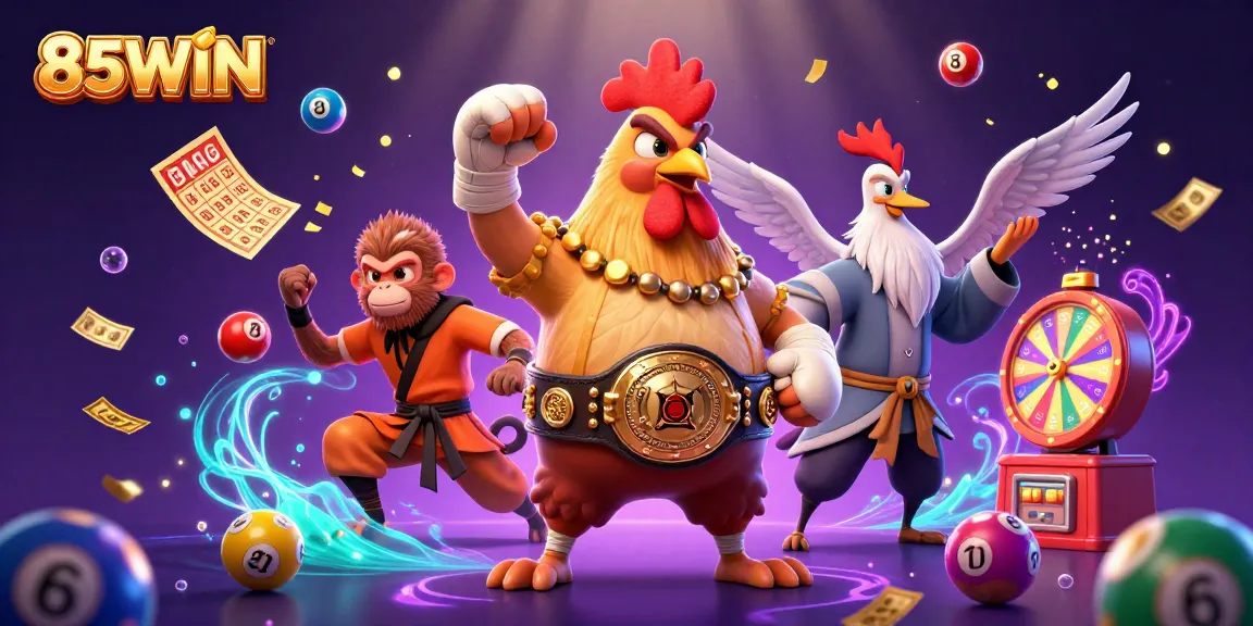 Engage in thrilling casino fun with 85WIN, featuring colorful lottery elements and dynamic gaming characters.