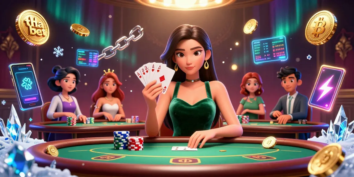 Engage in thrilling gameplay at tha bet casino with neon-lit crypto elements and a stunning poker table.