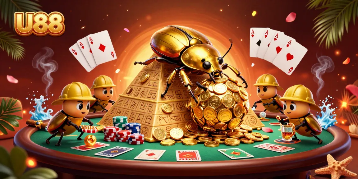 Engage with U88's vibrant casino scene featuring golden beetles and poker elements.