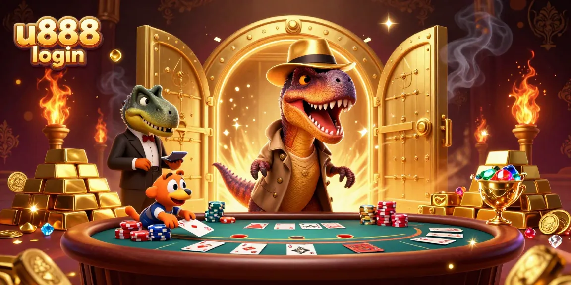 Experience thrilling u888 login action with a cartoon velociraptor card counter at a blackjack table.