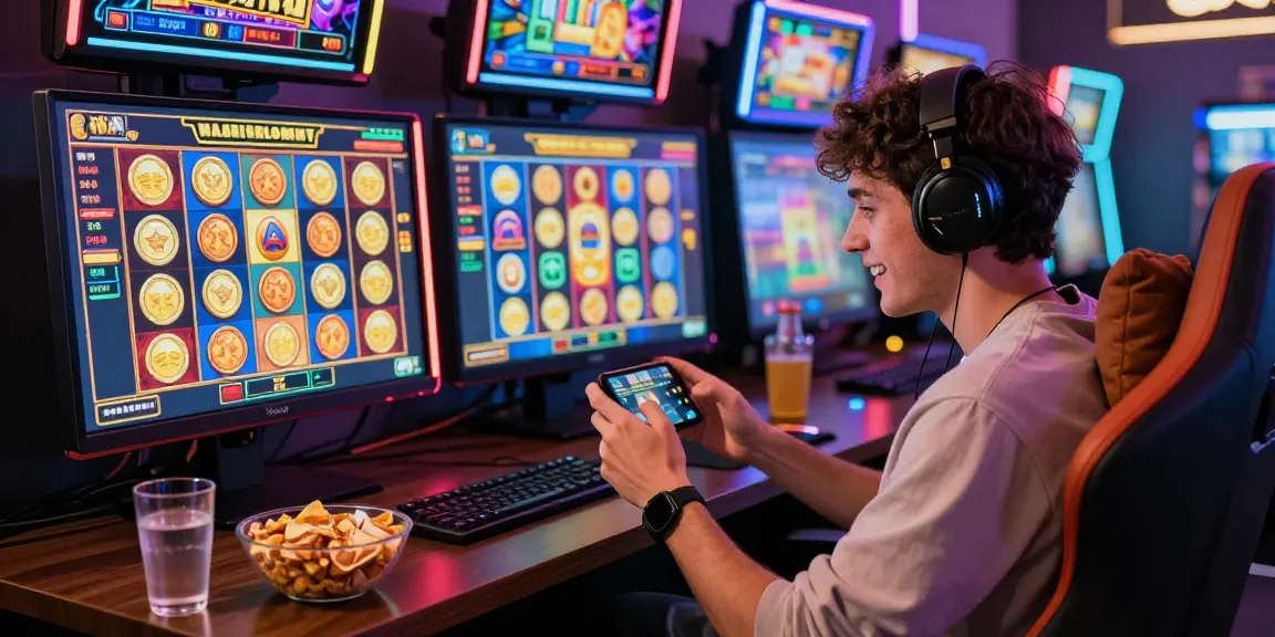 Engaged player experiencing situs slot deposit 10 ribu on mobile, vibrant graphics and snacks enhance gaming atmosphere.