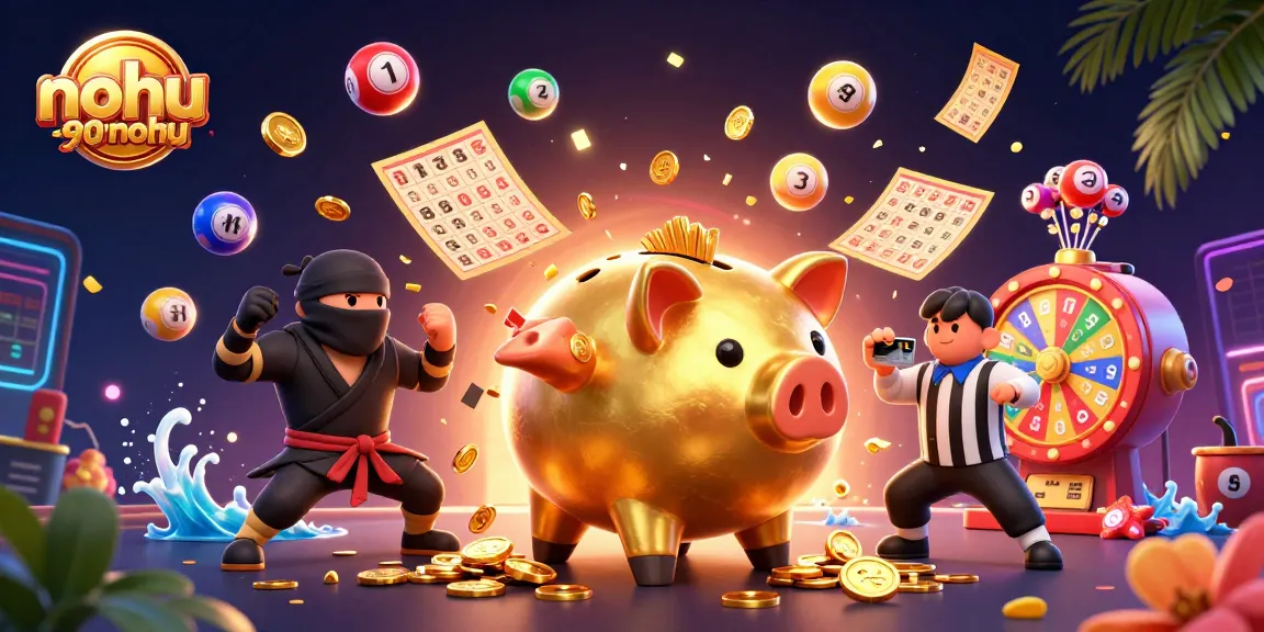 Experience the excitement of nohu90nohu as a golden piggy bank sumo wrestler shakes coins in a vibrant casino scene.