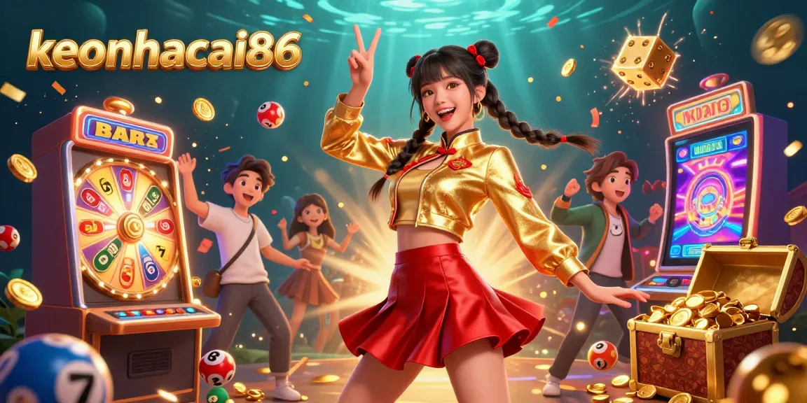 Experience thrilling gaming moments with keonhacai86's vibrant casino scene, featuring a joyful woman surrounded by jackpot visuals.