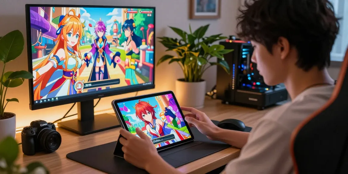 Engaged player ready to play hentai games on tablet, surrounded by vibrant character art and game setups.
