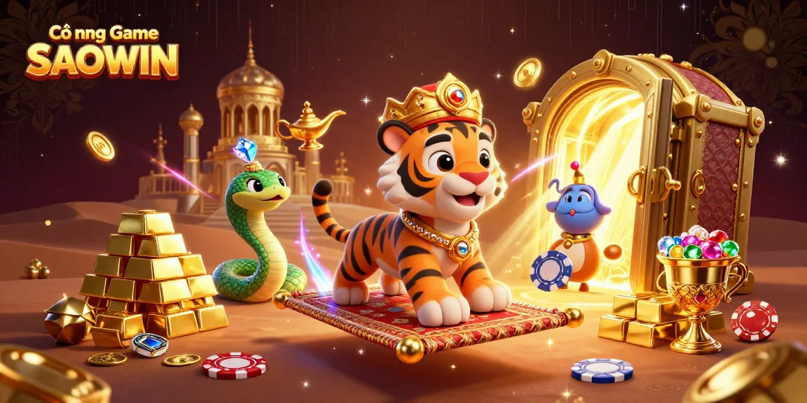 Cổng Game SAOWIN features a vibrant 3D scene with a flying carpet and gold treasures, illustrating top-tier casino action.