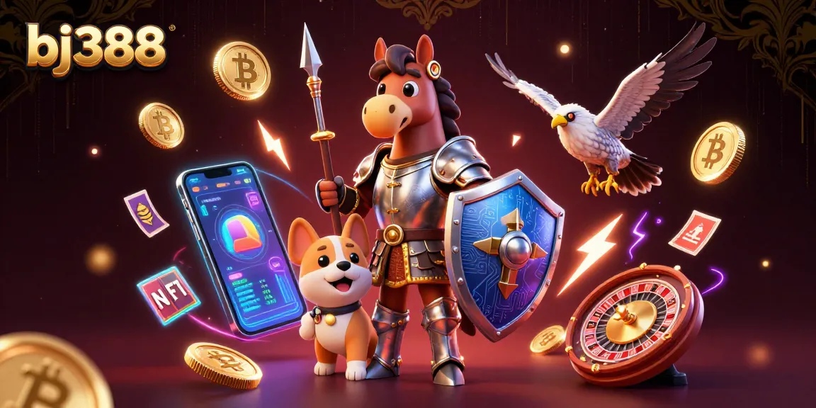 BJ388 showcases thrilling online betting with armor-clad knight, lively puppy, and falcon amidst dynamic crypto graphics.