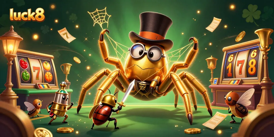 Engage with luck8's vibrant casino world featuring a golden tarantula and a brave beetle knight.