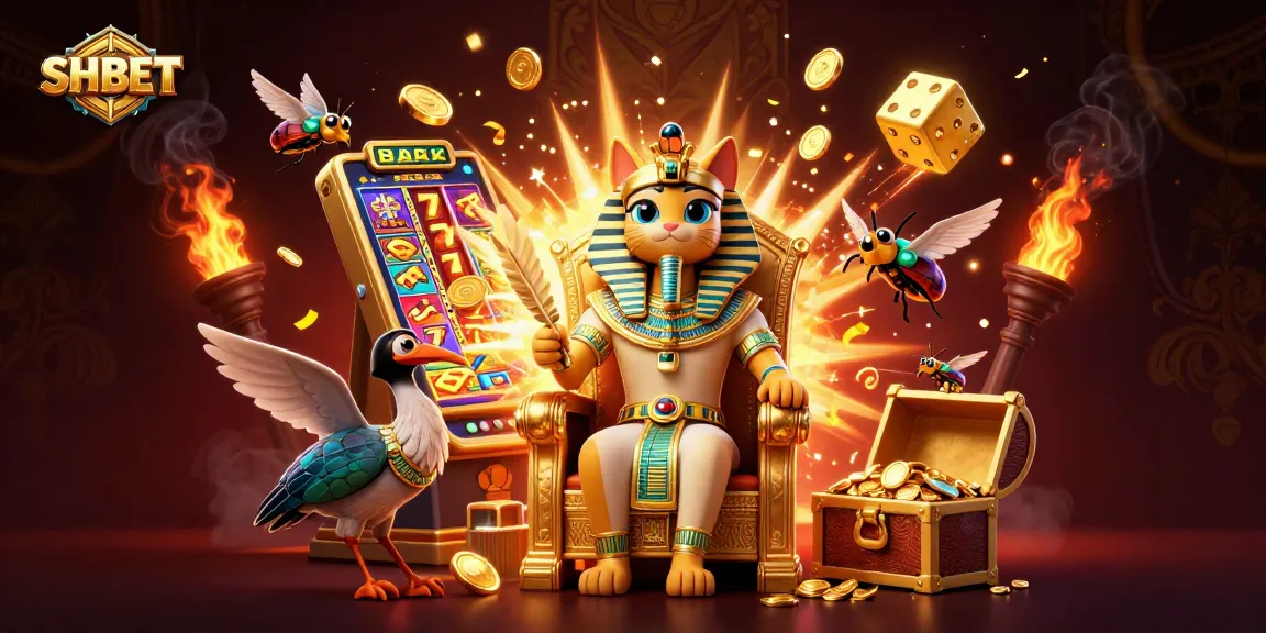 SHBET offers immersive gaming with a jackpot explosion surrounding a pharaoh cat and treasures.