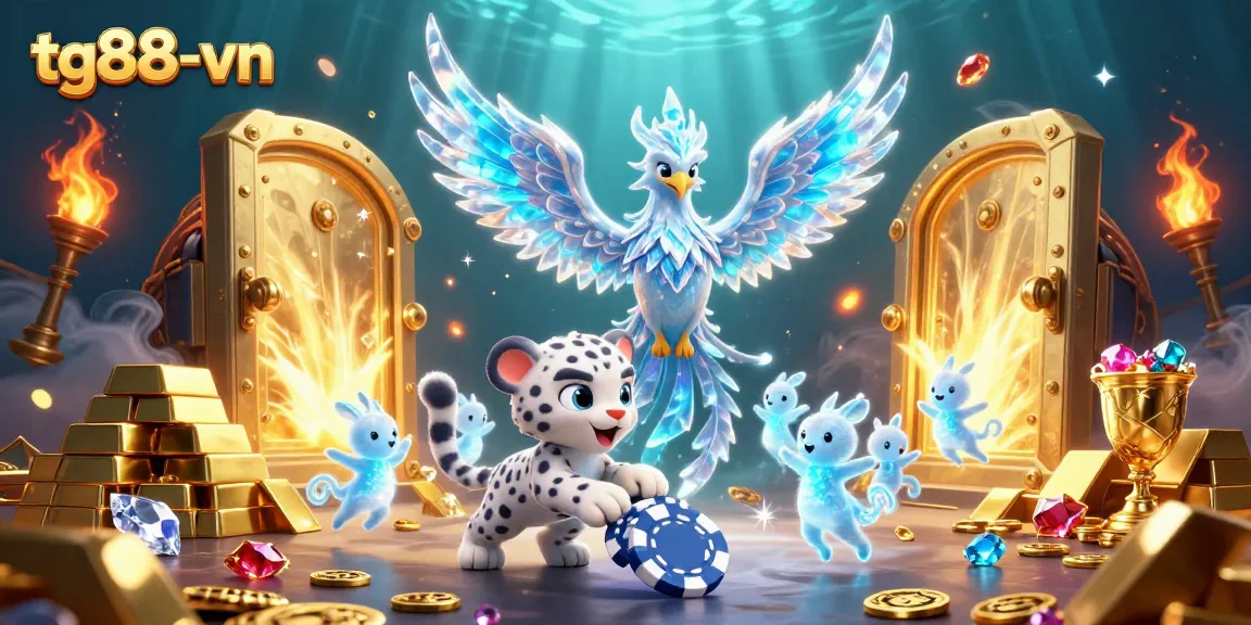 Join the excitement at tg88-vn with a vibrant 3D casino scene featuring a lucky ice phoenix and captivating treasures.