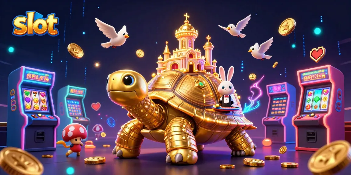 Spin vibrant slot machines with golden tortoise casino illustration.