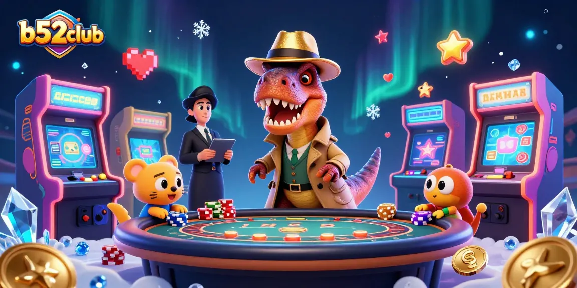B52club presents a thrilling blackjack scene featuring a velociraptor card counter and a stegosaurus pit boss with a backdrop of vibrant gaming elements.