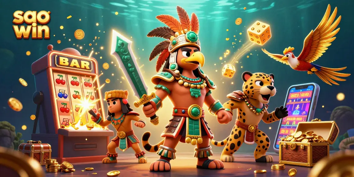 Sao win players experiencing thrilling jackpot games, surrounded by vibrant casino elements and golden treasures.