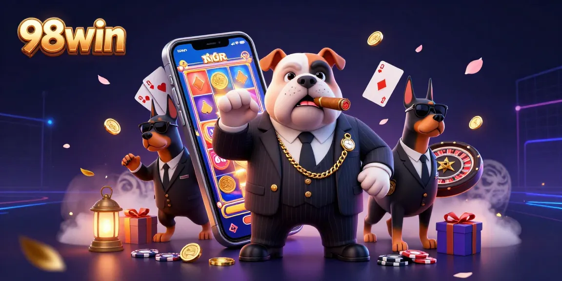 Thrilling 98win casino scene featuring a mafia boss bulldog and his Doberman guards among dynamic gaming elements.