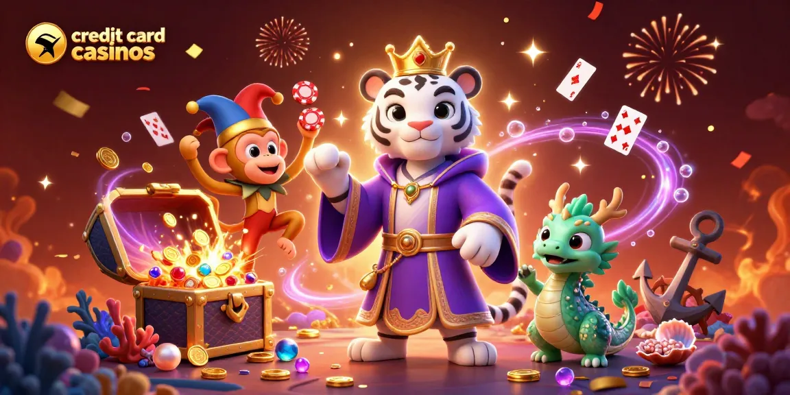 Experience thrilling gameplay at credit card casinos with vibrant characters, treasure, and festive elements.