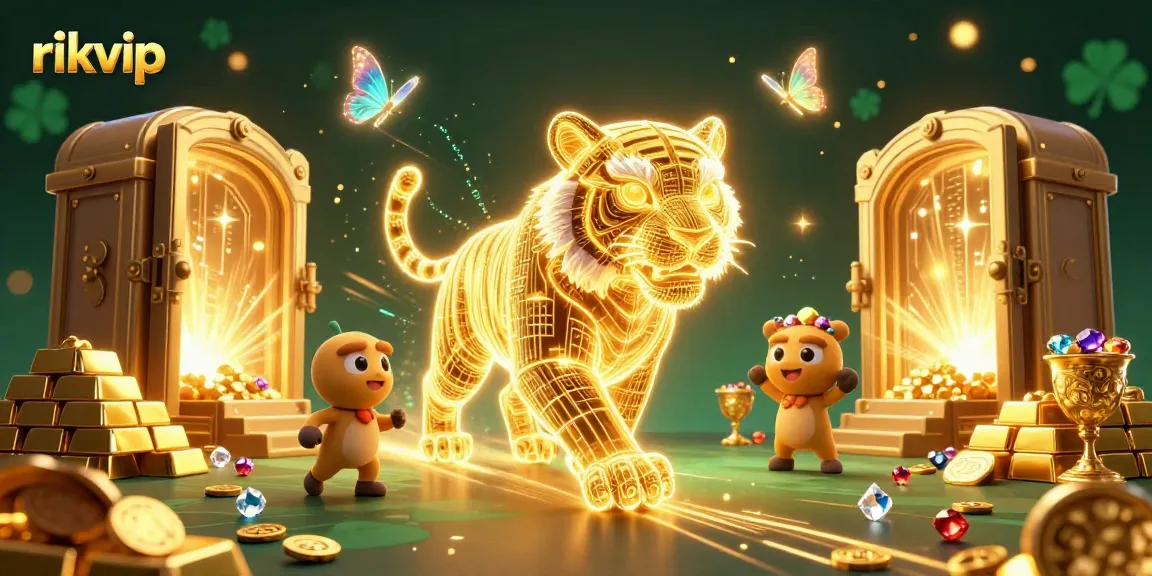 Experience thrilling wins at rikvip with a vibrant digital casino landscape featuring a neon tiger and treasure.