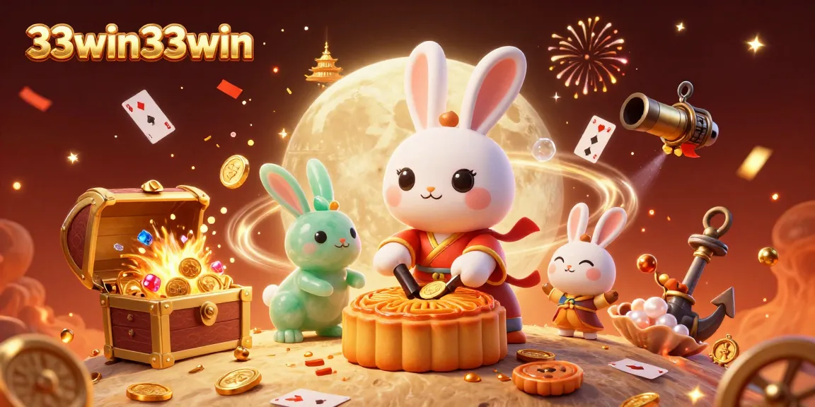 Engage in thrilling gameplay at 33win33win, where the moon rabbit reveals poker chips hidden in mooncakes amidst vibrant casino graphics.