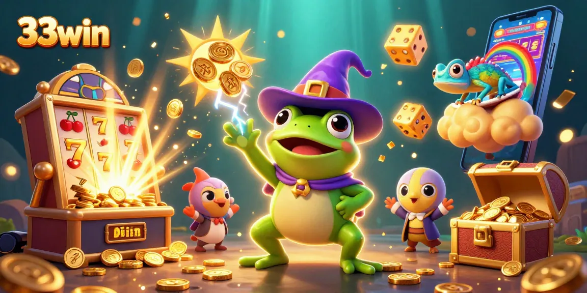 Experience the thrill of winning big with 33win's vibrant casino scene filled with gold coins and jubilant characters.