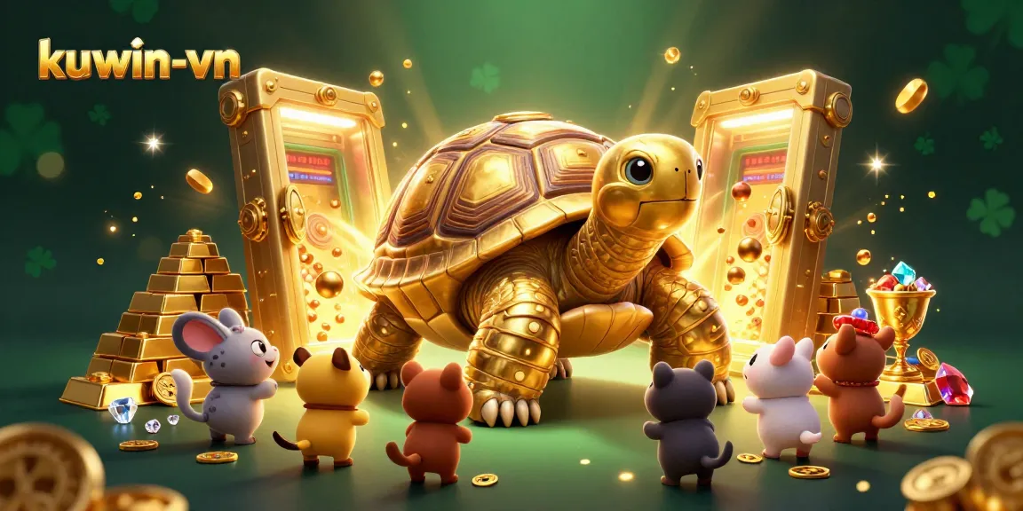 Engage with kuwin-vn's vibrant 3D casino world featuring a golden tortoise and treasures.