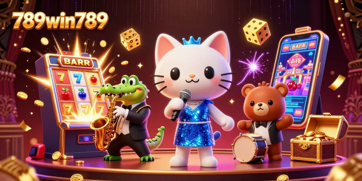 Experience excitement at 789win789 with vibrant 3D casino scene filled with games and catchy characters.