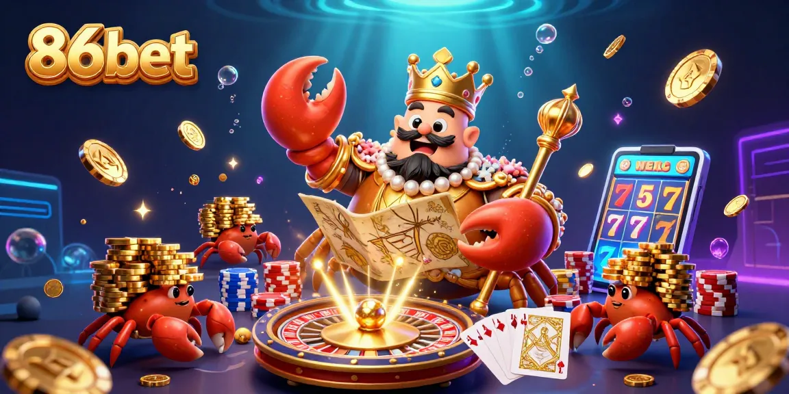 Experience the jackpot thrills of 86bet with a dynamic scene showcasing a golden crab emperor amidst shimmering gems and casino elements.
