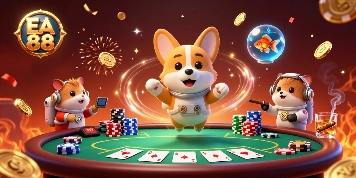 Experience the excitement of EA 88 in a dynamic casino scene with a floating astronaut corgi and colorful poker elements.