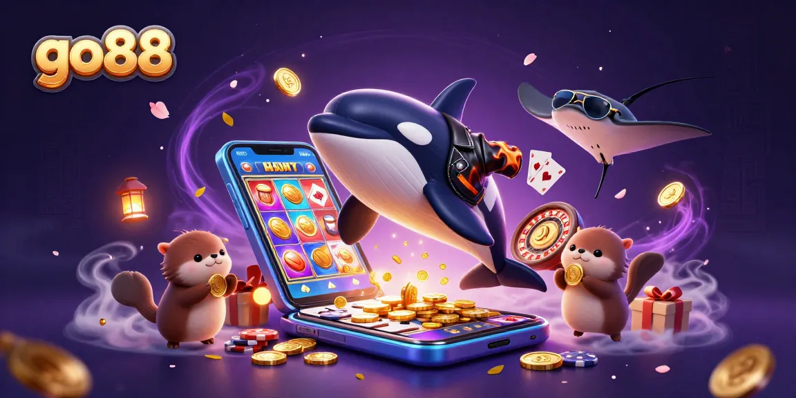 An engaging scene with go88's orca whale mascot showcasing exciting gaming action amidst colorful slot games and vibrant characters.