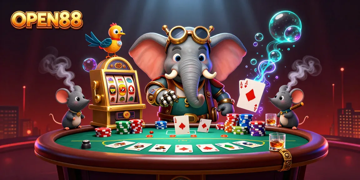 Engage in exciting gameplay at OPEN88, featuring a steampunk elephant and vibrant casino elements.