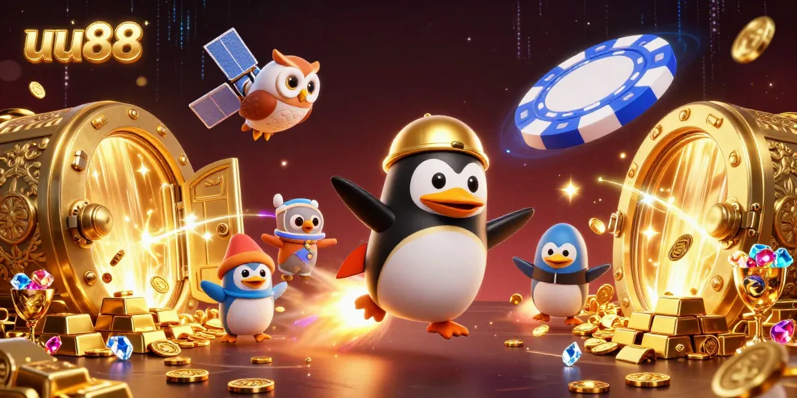 uu88 showcases a golden penguin racing through space towards a casino amidst treasures and gems.