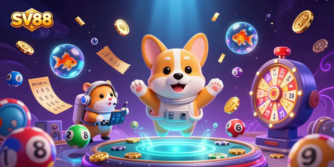 SV88 showcases a playful scene of a cartoon corgi and characters enjoying a thrilling zero gravity casino experience.