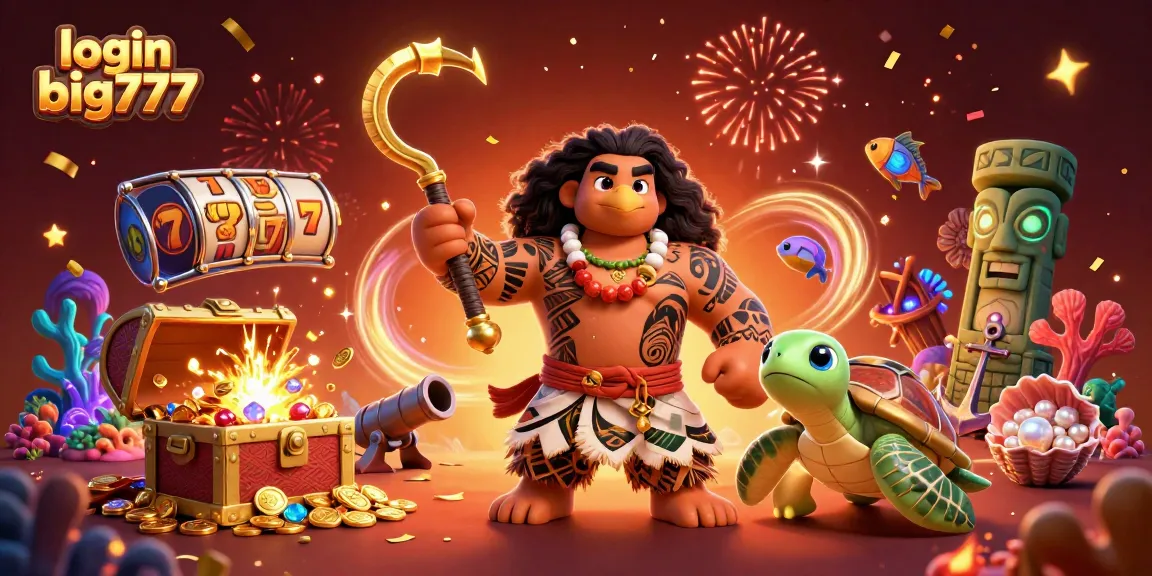 Win big with login big777 in a vibrant casino illustration featuring a demigod and treasure.