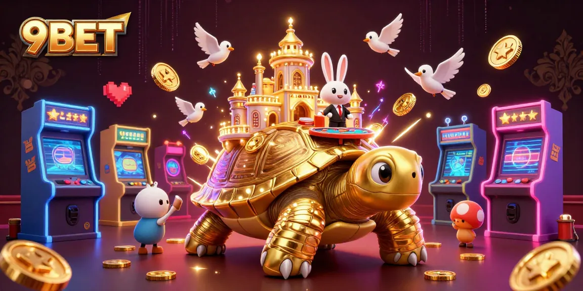Experience thrilling gameplay with 9BET at our vibrant casino scene featuring golden tortoise and rabbit dealer.
