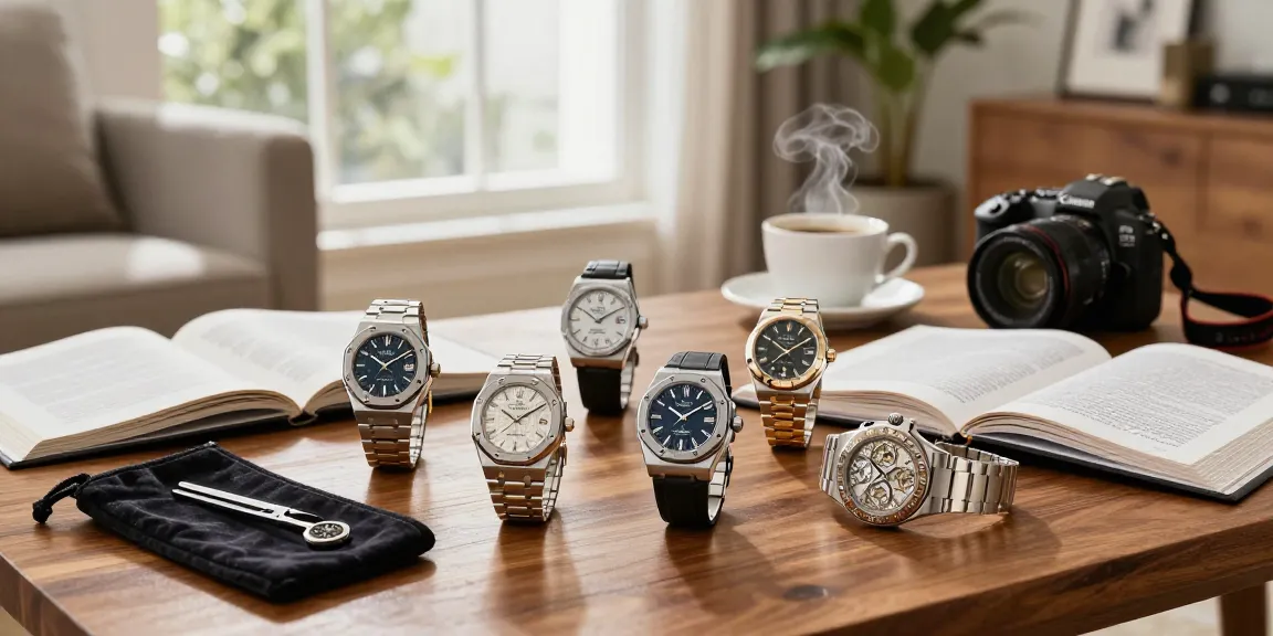 Replica watches displayed elegantly in a bright living room, showcasing iconic designs.