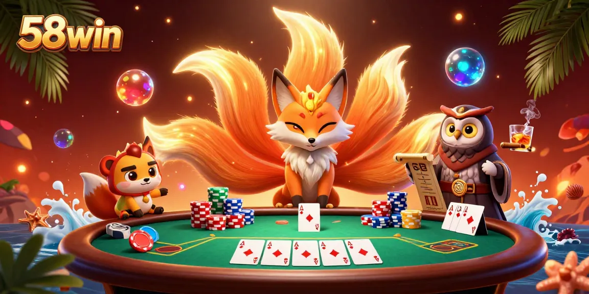 Engage in thrilling poker action with 58win among vibrant casino imagery and dynamic characters.