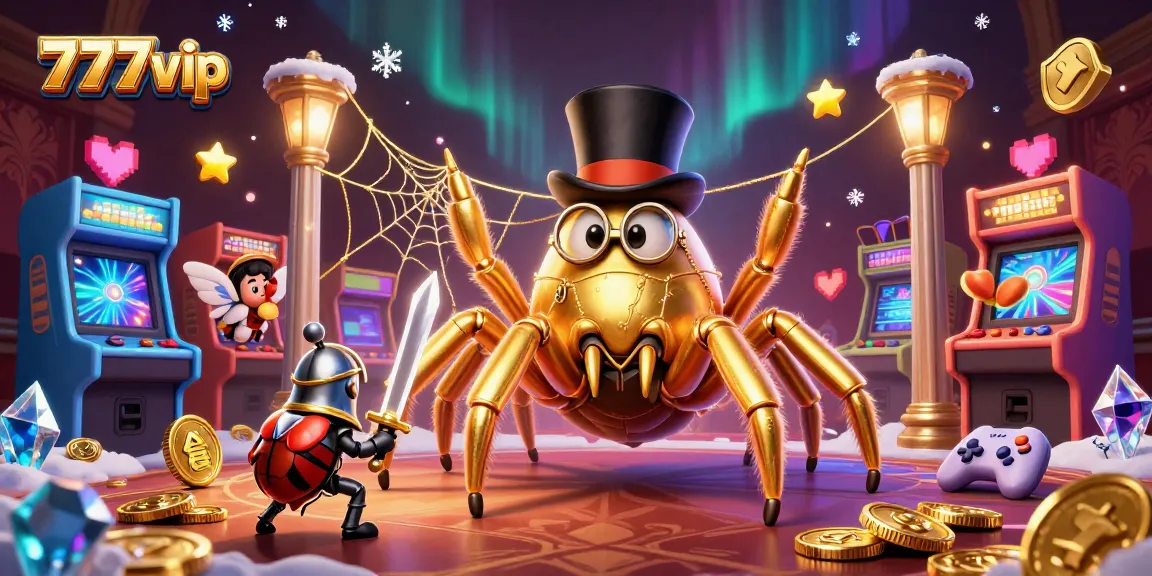 Play thrilling games at 777vip with engaging visuals of a golden tarantula and beetle knight in a casino setting.