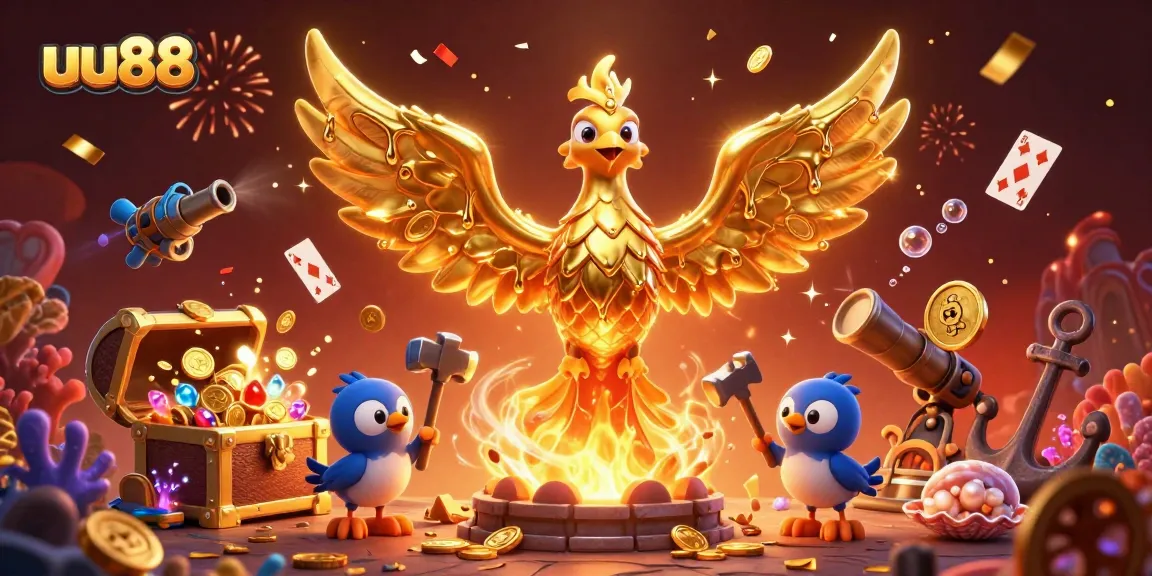 Experience the magic of uu88 with a captivating 3D phoenix emerging from a golden forge amidst casino-themed treasures.