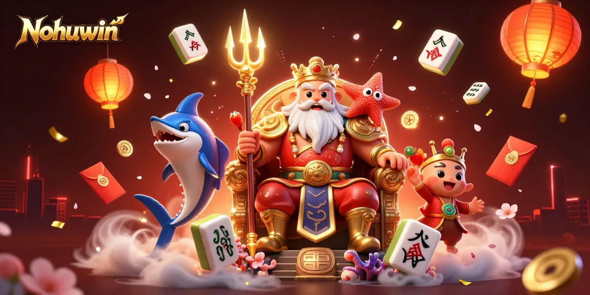 Nohuwin features a vibrant 3D scene with Neptune, sea elements, and festive casino themed motifs.