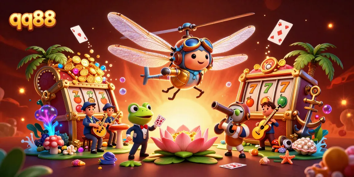 Engage with qq88 at the vibrant lily pad casino featuring a lively dragonfly pilot, frog dealer, and jazz musicians.