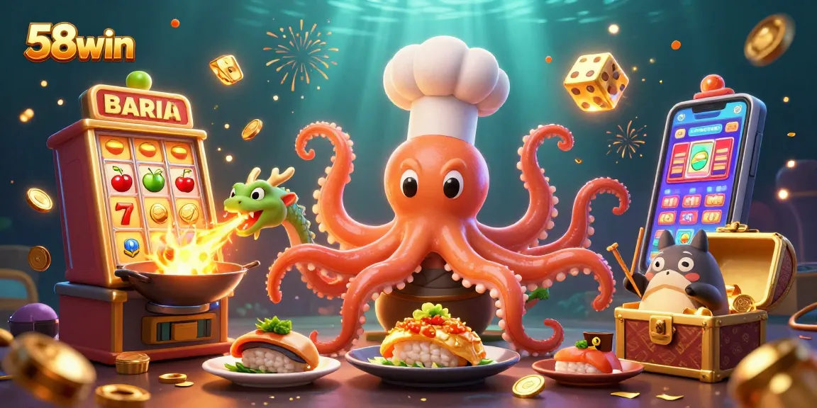 Spin to win with 58win in this vibrant casino-inspired 3D scene packed with action.