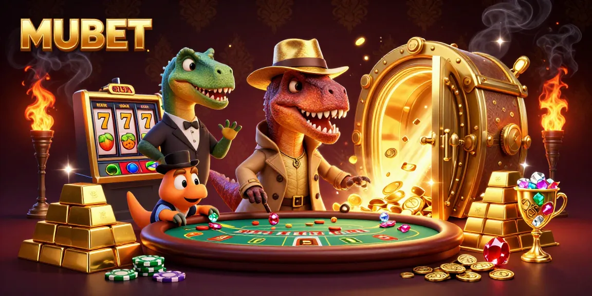 MUBET gaming scene with a velociraptor card counter at a blackjack table, featuring vibrant casino elements.