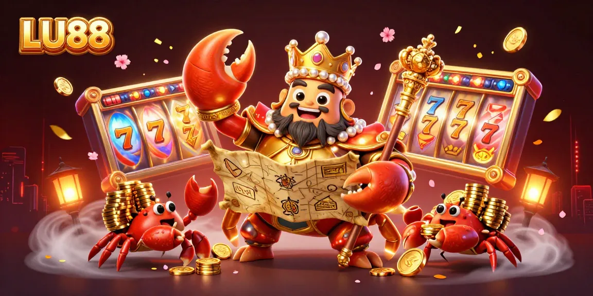 Experience LU88's thrilling slot game atmosphere with an emperor crab and vibrant casino elements.