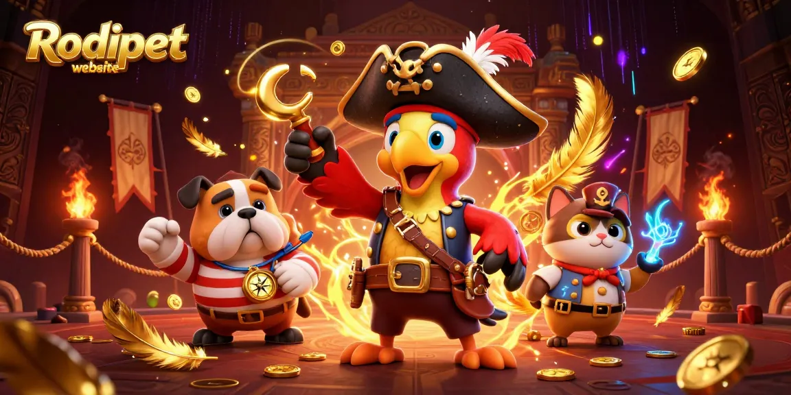 Engaging action on the Rodipet website highlighting a vibrant gambling scene with the pirate captain and companions.