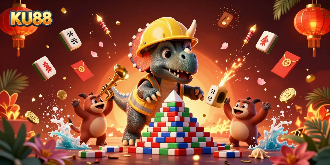 Experience the excitement of KU88 with cartoon characters and festive casino elements in a colorful digital illustration.